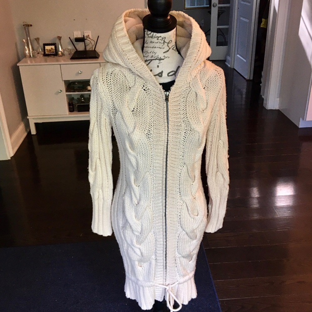 UGG Cream Cable Knit Hooded Zip Front Sweater Coat